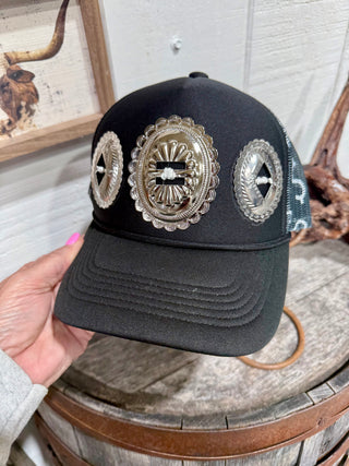 Black Western Concho Trucker Hat – Silver Concho Snapback with Camo Mesh Back- Cattle Brand