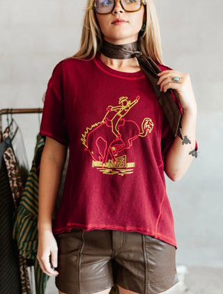 Buckin’ Wild Chain Stitch Western Tee – Burgundy