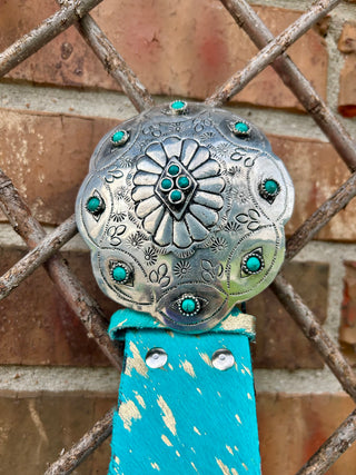 Turquoise Acid Wash Cowhide Wide Belt- A Rare Bird