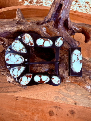 Wild Horse Turquoise Belt Buckle Set| Sterling Silver on Oxidized Surgical Steel | Handmade Western Buckle & Keeper