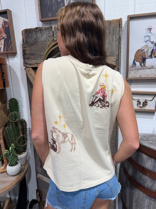 Western Cowgirl Embroidery Tank Top for Women | Cream Sleeveless Graphic Rodeo Tee