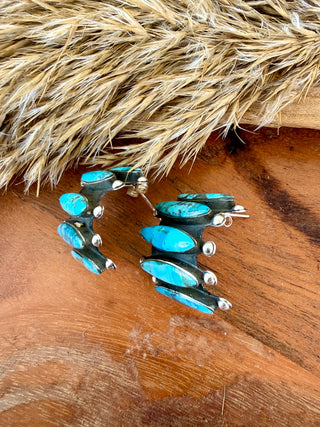 Sterling Silver Kingman Turquoise Cluster Hoop Earrings- Taxco
