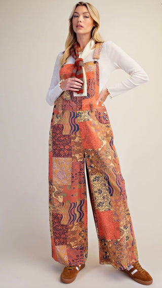 Boho Patchwork Wide Leg Overalls for Women | Vintage-Inspired Jumpsuit
