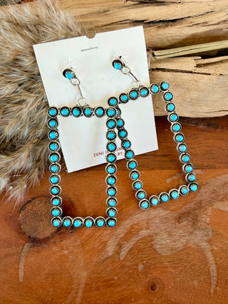 Zuni Made Sterling Silver Turquoise Statement Rectangle Earrings