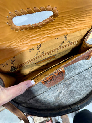 Inside of American Darling Hand-Tooled Leather Crossbody Clutch – Western Floral Carved Purse