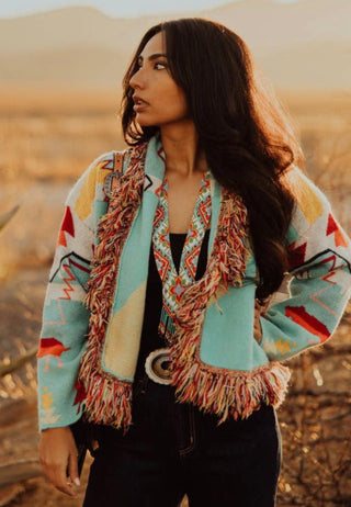 Turquoise Haven Southwestern Fringe Cardigan | Cozy Aztec Knit Open Front Cardigan