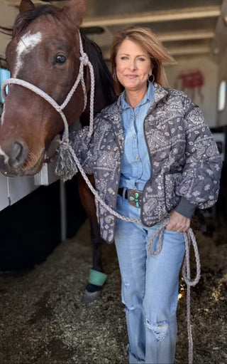 Navy Bandana Quilted Western Jacket – Cozy Cowgirl Layering Coat