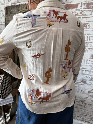 Cowgirl Western Embroidered Button Down Shirt – Horses, Cactus & Rodeo Print