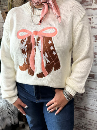 Cowboy Boots & Bow Sweater – Western Graphic Knit Pullover in Cream