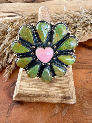 Pink Conch Heart & Sonoran Gold Turquoise Cluster Statement Ring | Adjustable German Silver Ring