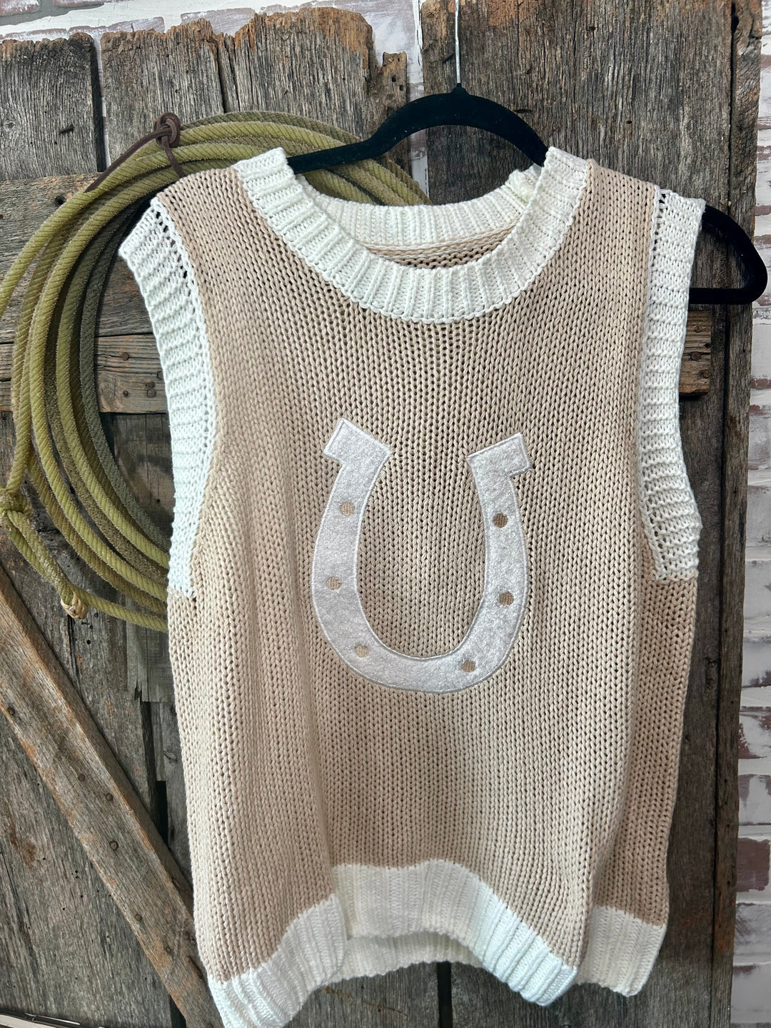 Feeling Lucky Tan Horseshoe Sweater Vest