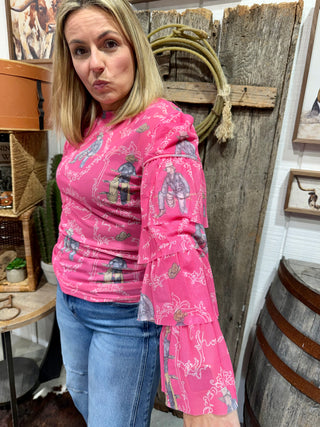 Pink Western Cowboy Print Mesh Top for Women – Ruffle Sleeve Cowgirl Shirt, Long Sleeve Western Boutique Blouse