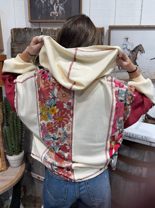 Free Spirit Floral Waffle Knit Patchwork Relaxed Hoodie