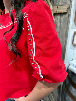 Red Studded Western Puff Sleeve Top