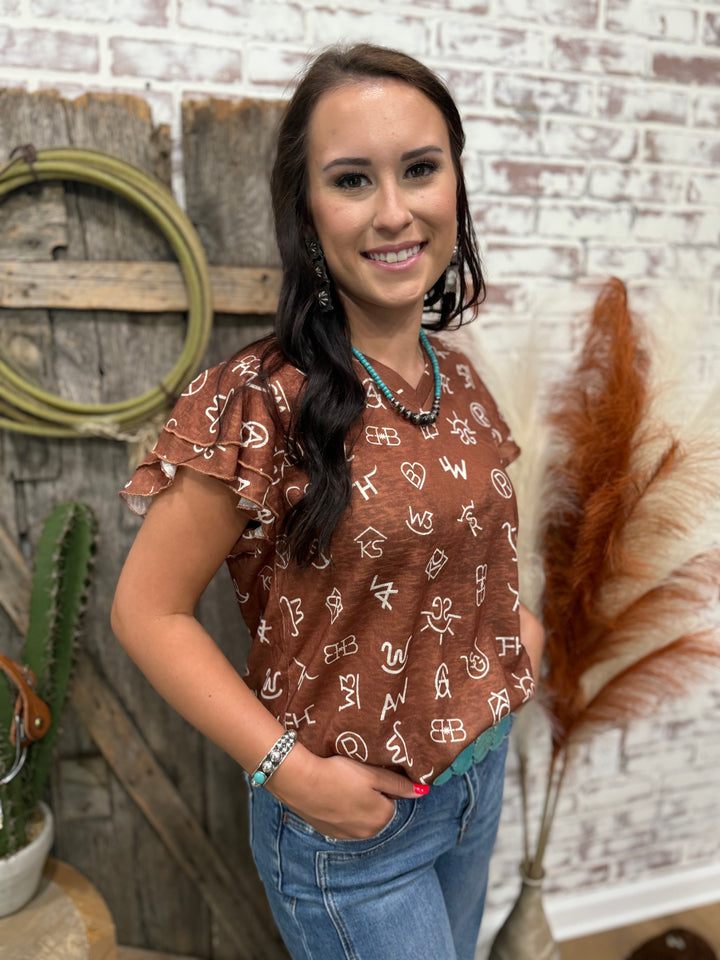 Rust Cattle Brand Ruffle Sleeve Top