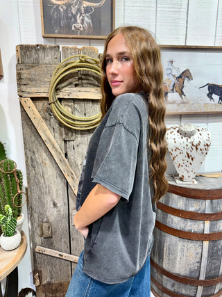 Side view Vintage Western Warrior Graphic Tee for Women | Mineral Washed Black Relaxed T-Shirt