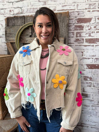 BIBI Distressed Corduroy Jacket with Colorful Crochet Flowers – Western Boho Layering Piece