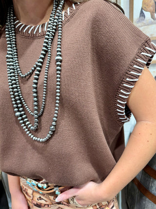 Chocolate Brown Saddle Stitch Mom Crop Sweater