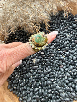 Chunky Green Turquoise Statement Ring with Crystal Halo – Rustic Brass Adjustable Band