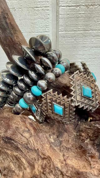 Turquoise Aztec Concho Stretch Bracelet Stack | Navajo Pearl Style Western Cuff Set Of 4