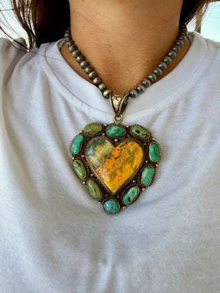 Bumblebee Jasper Heart Pendant with Turquoise Accent Stones | German Silver Statement Necklace