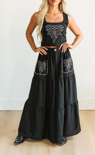 Black Boot Stitch Embroidered Western Crop Top & Tiered Wide-Leg Pants Set