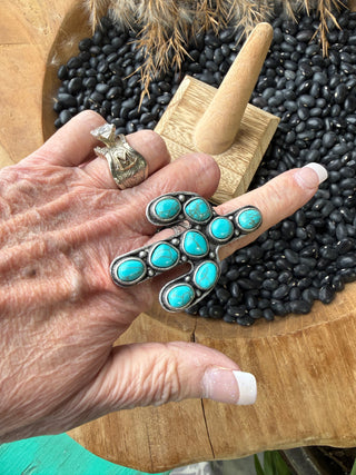 Faux Turquoise Cactus Statement Ring – Western Burnished Silver Cowgirl Ring-Adjustable