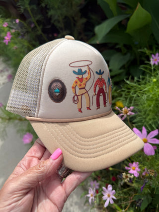 Cowgirl Roper Trucker Hat with Turquoise Conchos | Western Rodeo Snapback Cap