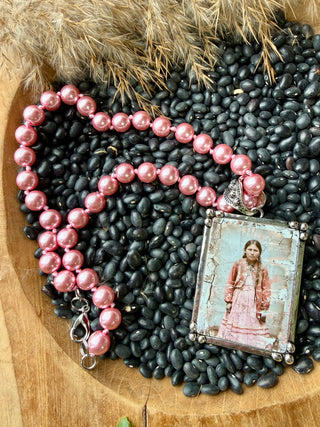 Hand Soldered Vintage Cowgirl Pink Pearl Necklace with Western Photo Pendant