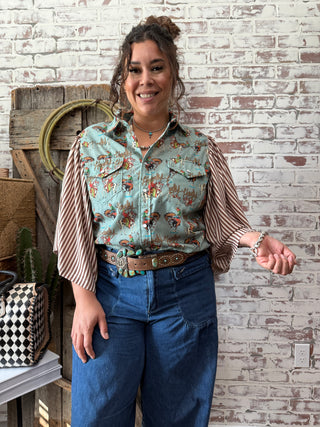 Retro Rodeo Cowboy Print Western Blouse with Striped Sleeves – Cowgirl Style Top