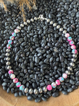 16” Cotton Candy Turquoise & Sterling Silver Pearl Choker – Western Pink Statement Necklace