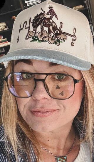 A Bit Western Trucker Hat | Cream Rodeo Bronc Cowgirl Cap with Light Denim Blue Bill
