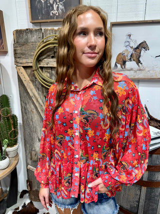 Red Yeehaw Mesh Peplum Western Top | Retro Cowgirl Button Front Blouse-Turquoise Haven