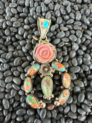 Tibetan Naja Pendant with Pink Conch Rose, Orange Spiny Oyster & Kingman Turquoise | Tibetan Silver Statement Pendant