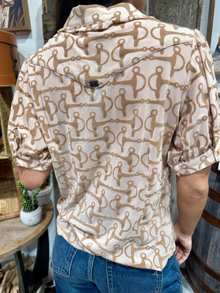 Taupe Snaffle Bit Mesh Button Top