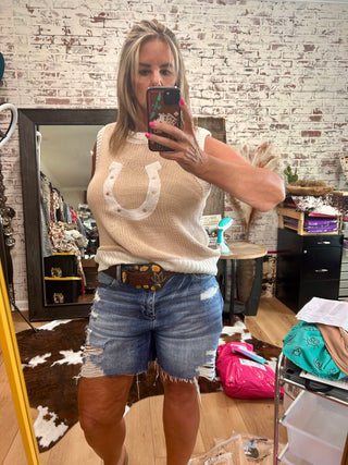 Feeling Lucky Tan Horseshoe Sweater Vest