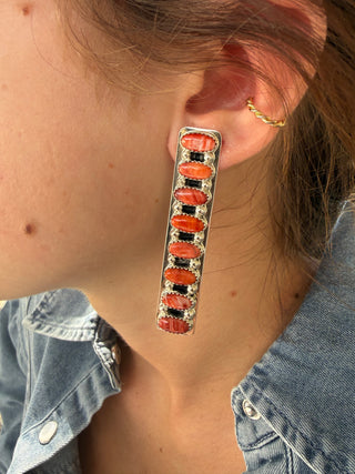 Native American Brian Jones Orange Spiny Oyster Sterling Silver Column Stud Earrings