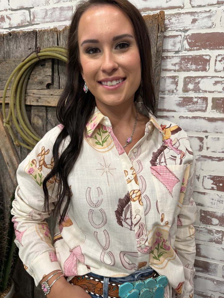 Sweetheart Of The Rodeo Cowgirl Coquette Linen Top
