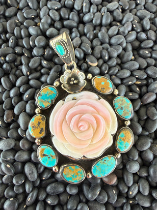 Pink Conch Rose & Kingman Turquoise Tibetan Pendant | Tibetan Silver Floral Statement Pendant