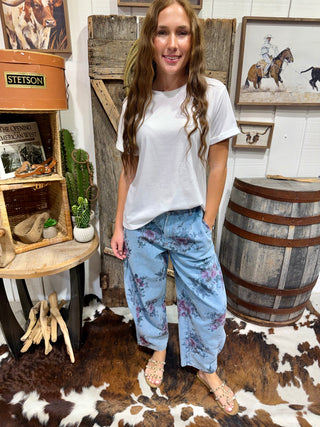 Easel Vintage Floral Barrel Pants | Mineral Washed Cotton Twill Pants- Washed Denim