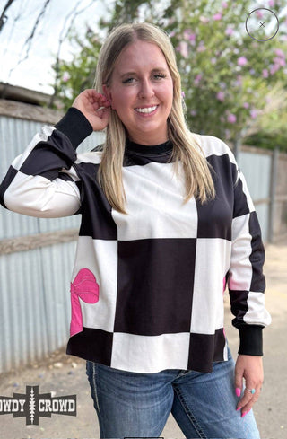 Black & White Checkered Pink Bow Bombshell Pullover – Western Cowgirl Sweatshirt