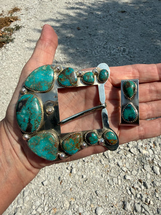 Custom Authentic Kingman Turquoise Statement Belt Buckle Set
