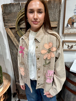 Flower Child Appliqué Denim Jacket