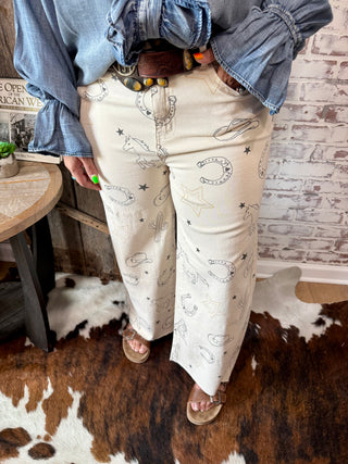 Western Cowboy Print Wide Leg Pants – Cowgirl Graphic Trousers with Horseshoe, Cactus & Star Design