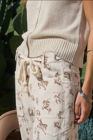 Western Cowboy Print Barrel Pants – Relaxed Fit Drawstring Cotton Utility Trousers