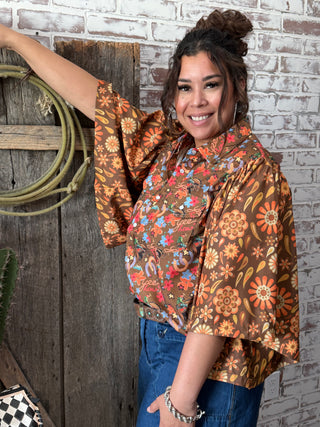 Retro Floral Western Pearl Snap Blouse with Cowgirl Flair – Bold Vintage