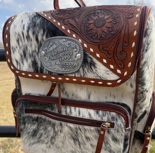 Vintage NFR Buckle Cowhide Backpack – Western Tooled Leather Laptop Backpack/ Diaper Bag with Conceal Carry Pocket & Genuine Cowhide
