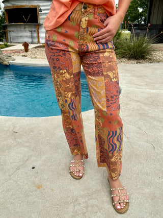 Autumn Patchwork Wide Leg Pants | Boho Vintage Print Cropped Trousers