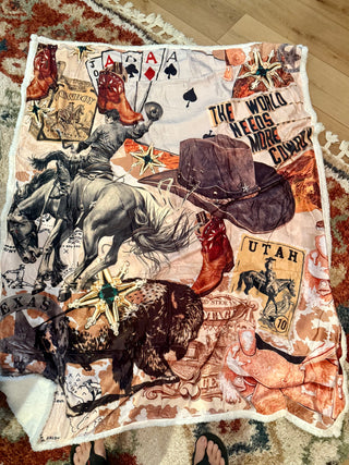Western Cowboy Collage Printed Sherpa Blanket