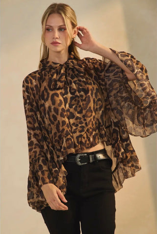 Leopard Print Chiffon Bow Tie Blouse | Flowy High Low Ruffle Hem Statement Top